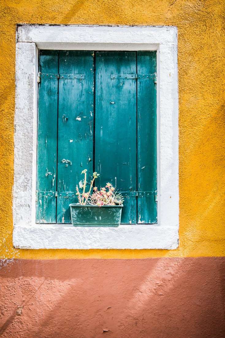 Teal shutter on a yellow wall